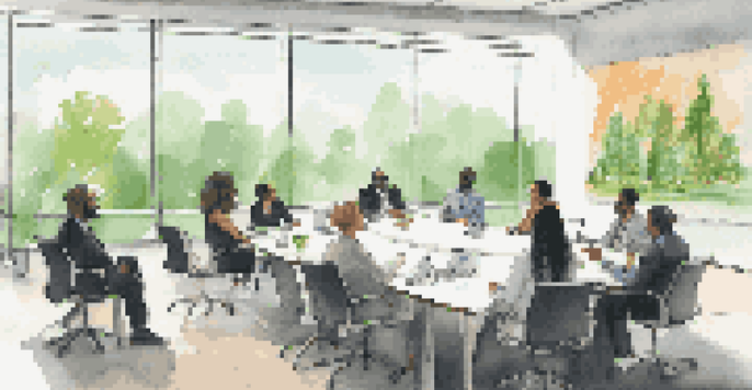 A diverse group of investors discussing shareholder activism in a bright conference room with large windows and a view of a green park.