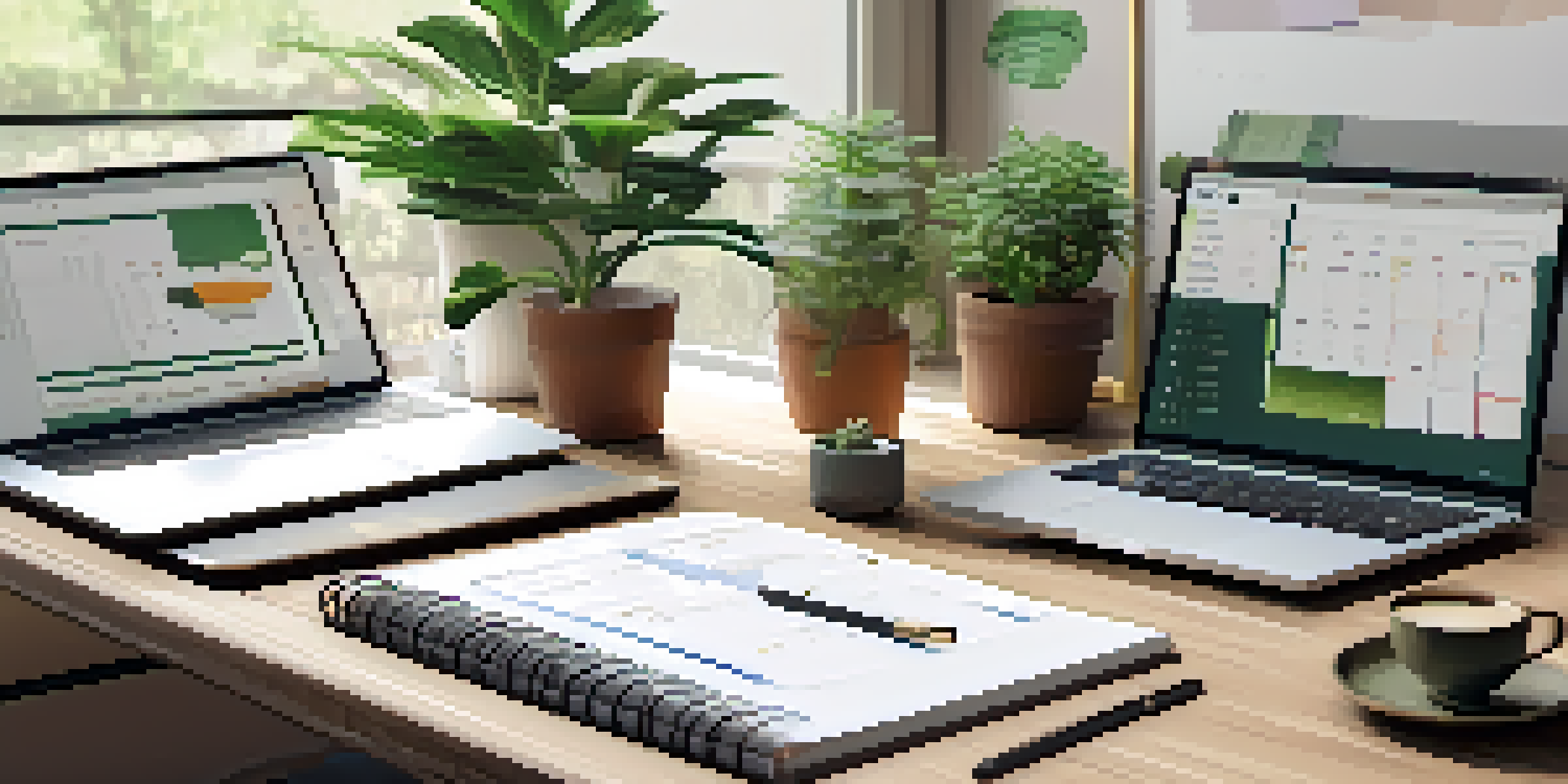 A wooden desk with a budget planner, laptop, and coffee cup, illuminated by soft natural light.