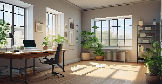 A well-organized office space featuring a wooden desk, a laptop, and sunlight streaming through a window, creating a peaceful atmosphere.