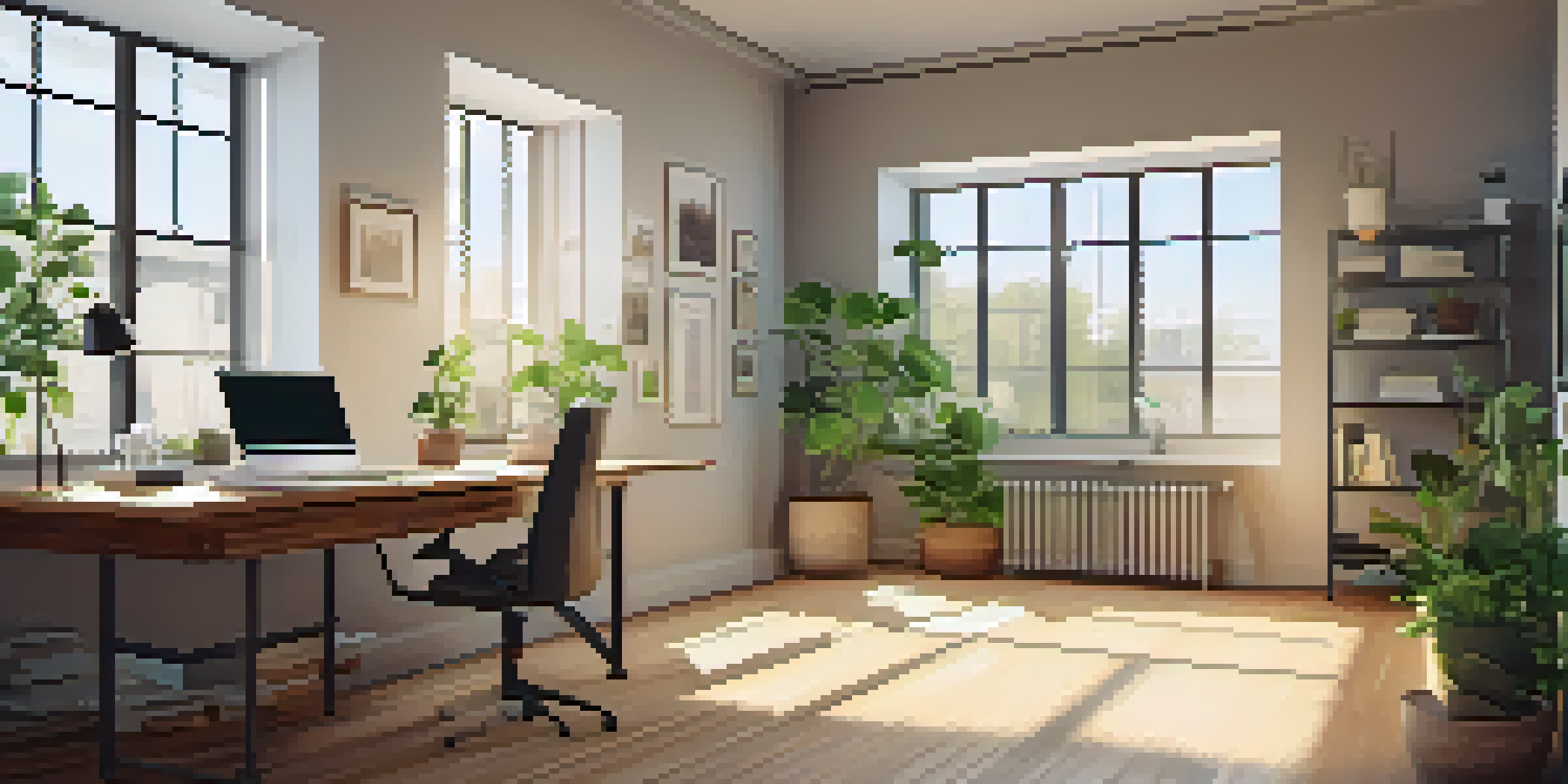 A well-organized office space featuring a wooden desk, a laptop, and sunlight streaming through a window, creating a peaceful atmosphere.