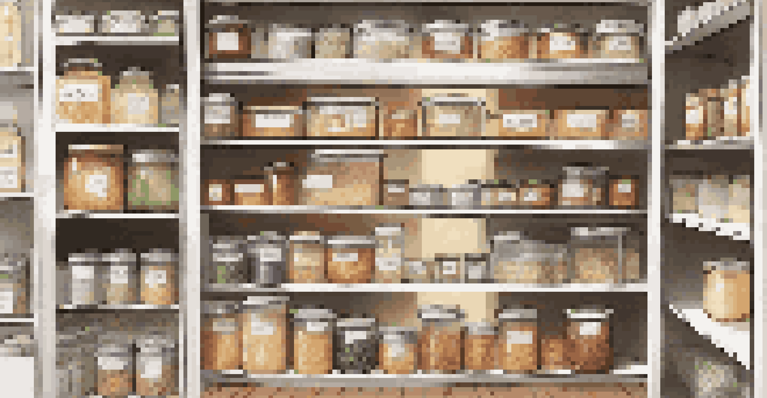 An organized pantry with bulk items like rice and pasta in clear containers, illuminated by soft lighting.