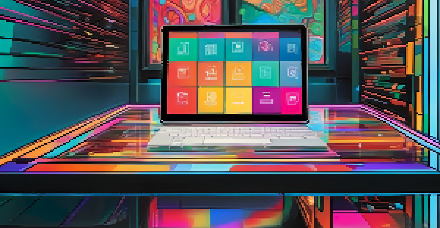 A digital tablet showing a colorful NFT art piece in a modern office environment.