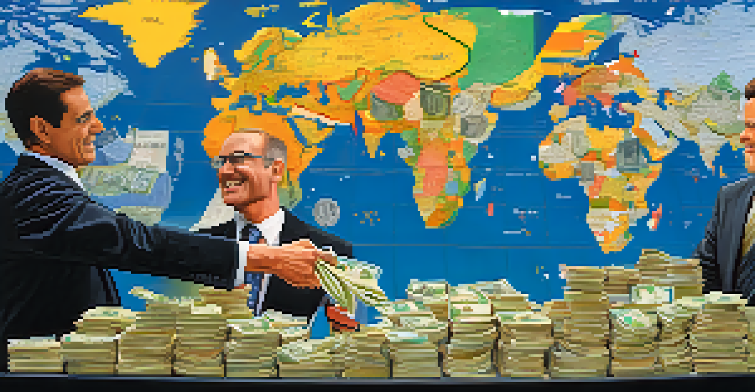 Two businesspeople shaking hands over a table with stacks of euros and dollars, with a world map in the background showing international trade connections.