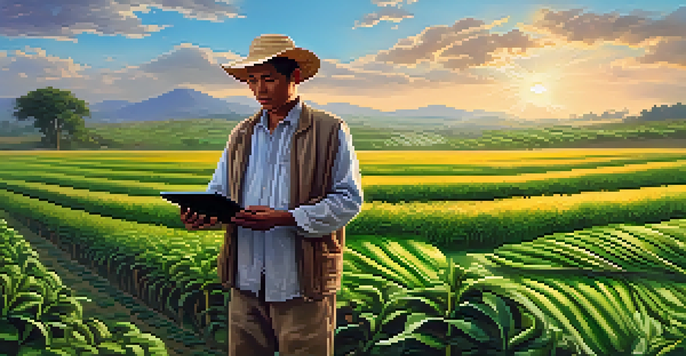A farmer in a green field with crops holding a tablet displaying market prices under a blue sky.