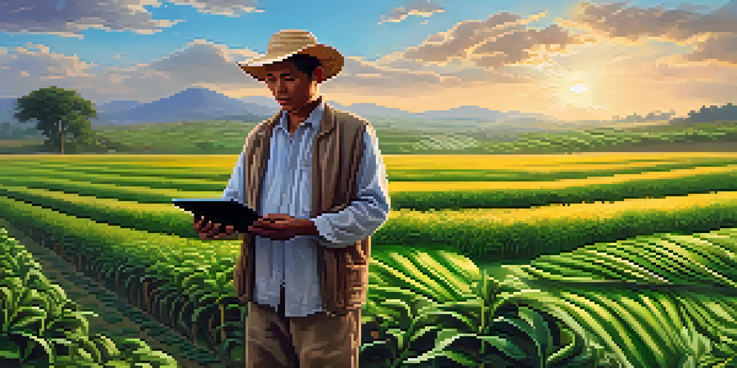 A farmer in a green field with crops holding a tablet displaying market prices under a blue sky.