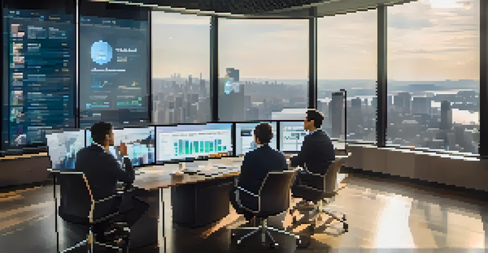 A group of diverse investors discussing social trading strategies in a bright room with a city skyline visible through the windows.