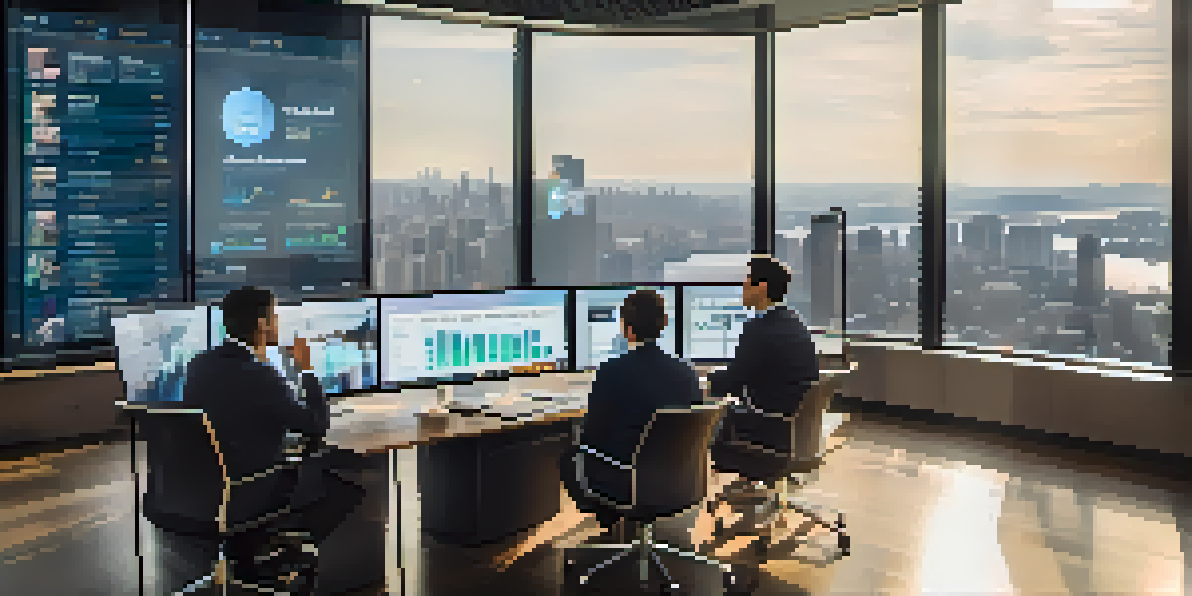A group of diverse investors discussing social trading strategies in a bright room with a city skyline visible through the windows.