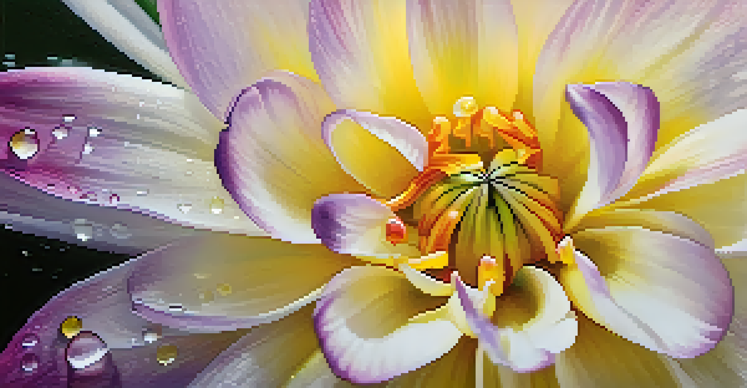 A detailed close-up of a colorful blooming flower with dew drops, set against a softly blurred background.