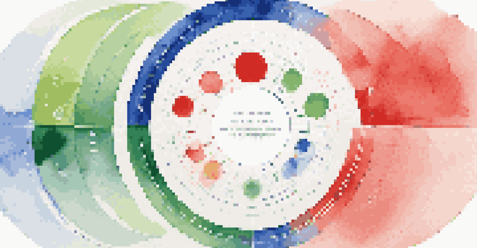 An abstract circular graph illustrating market cycles with vibrant colors, surrounded by investment icons.