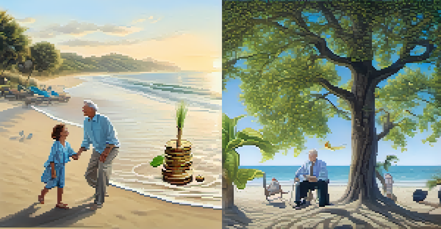A split image showing an older couple on a beach and a young family planting a tree, connected by financial symbols.