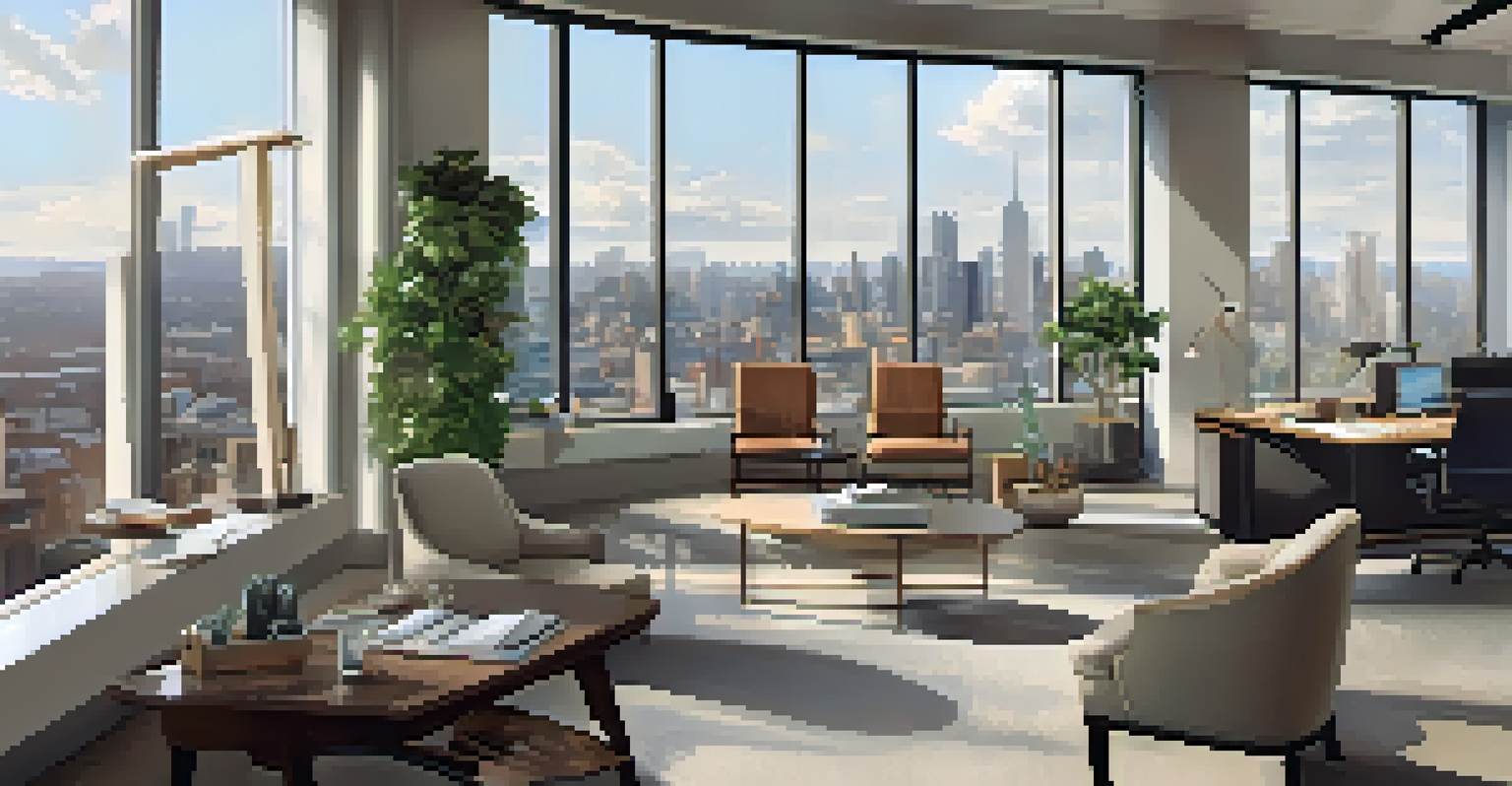 An elegant office space with large windows showing a city view, decorated with contemporary furniture and plants.