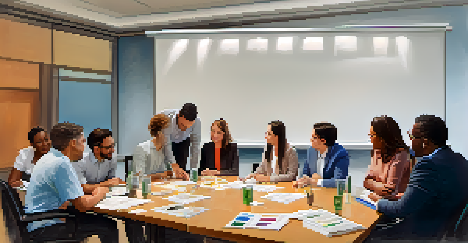 A diverse group in a coaching session discussing financial literacy around a table with a whiteboard.