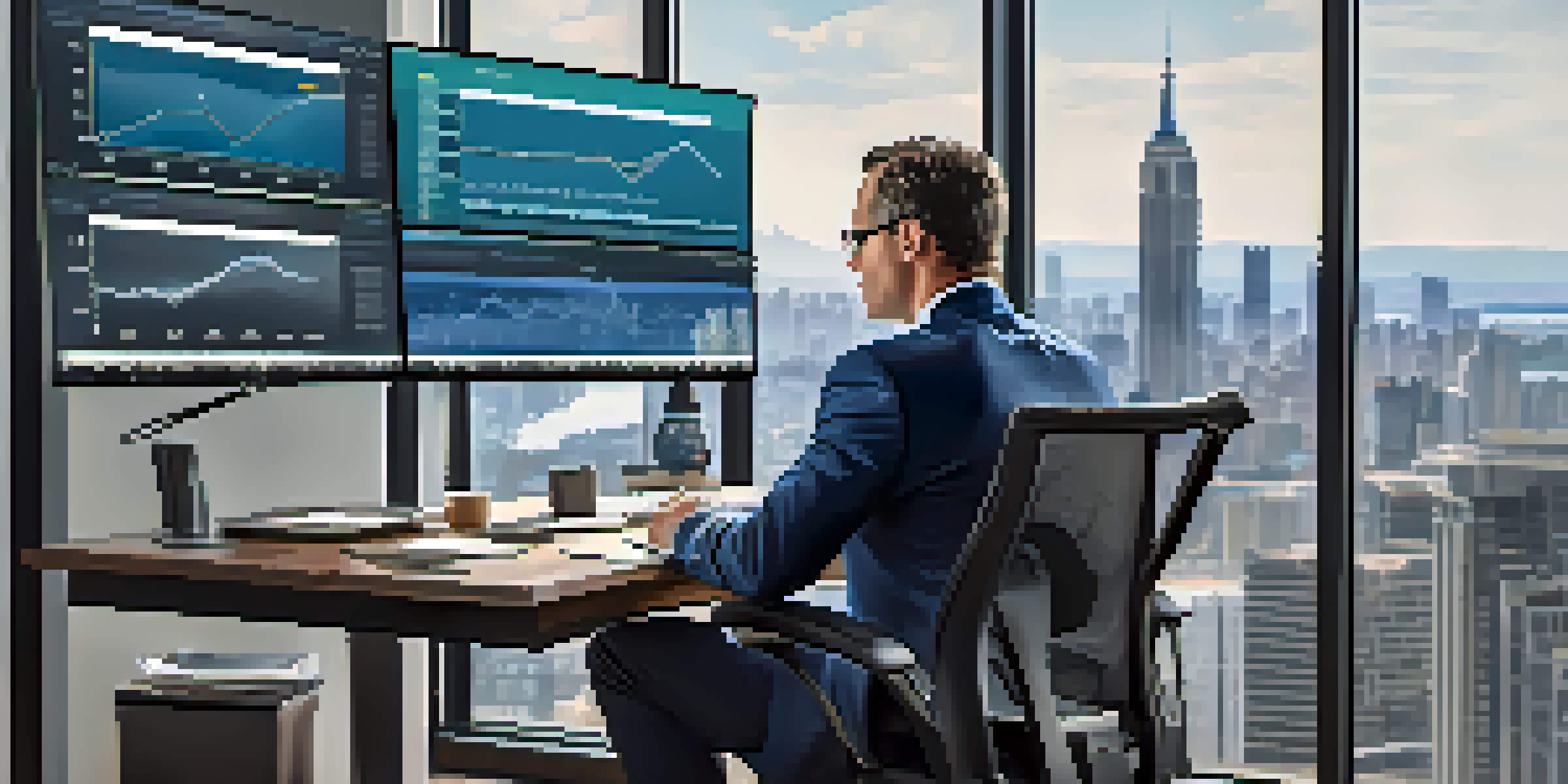 A financial advisor at a modern desk, analyzing market trends on monitors with city skyline in the background.