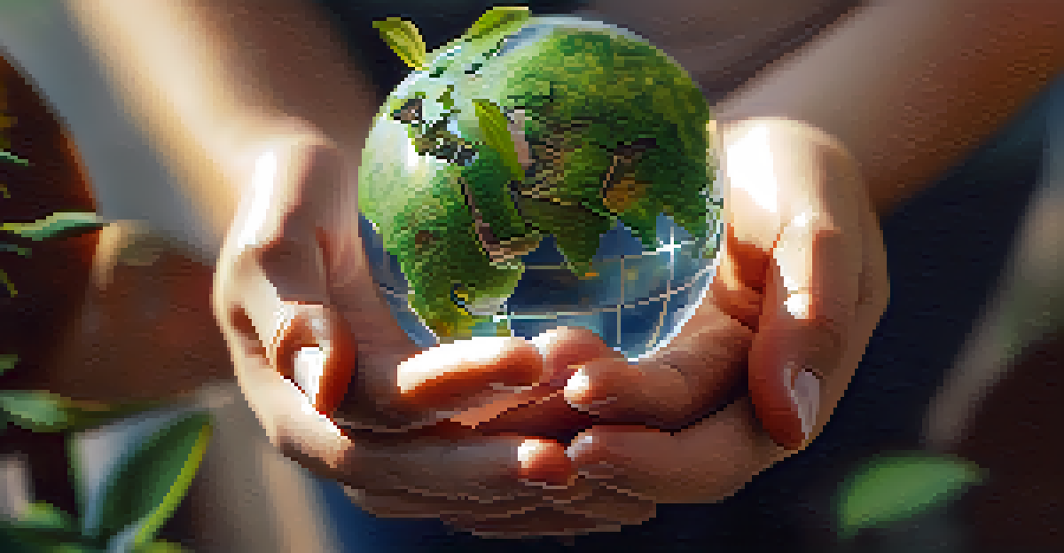 Close-up of hands holding a globe made of recycled materials, surrounded by plants and illuminated by soft sunlight.