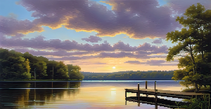 A peaceful lake at sunset with a wooden dock and vibrant sky reflections.