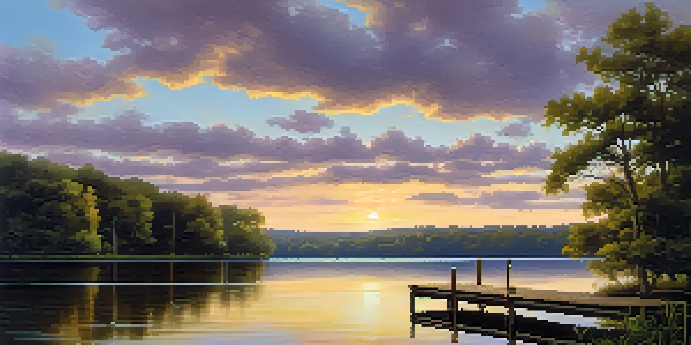 A peaceful lake at sunset with a wooden dock and vibrant sky reflections.