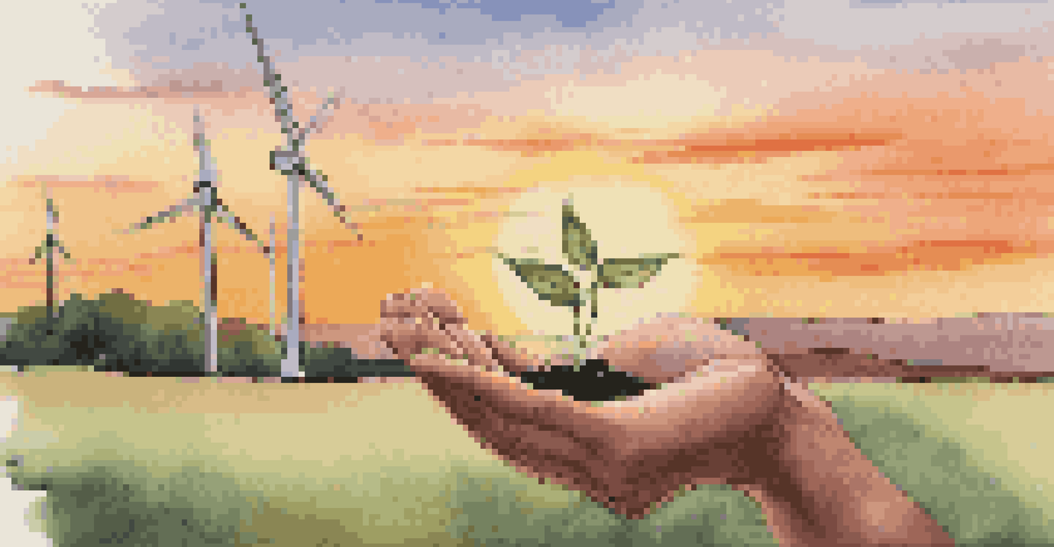 A hand holding a small plant in front of wind turbines at sunset, symbolizing growth and sustainability.