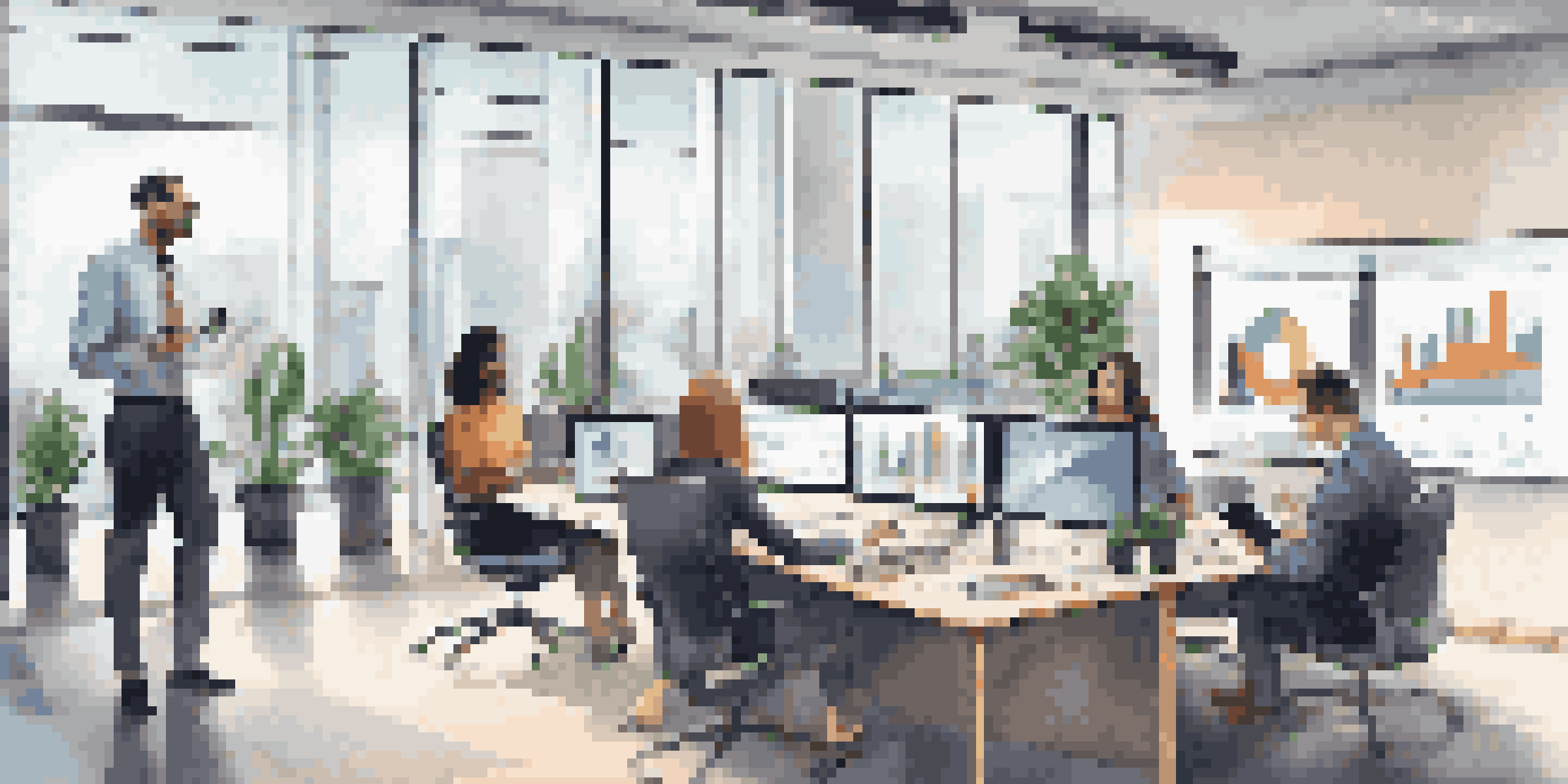 A diverse group of professionals in a modern office having a video conference about digital wealth management, with financial data displayed on screens.
