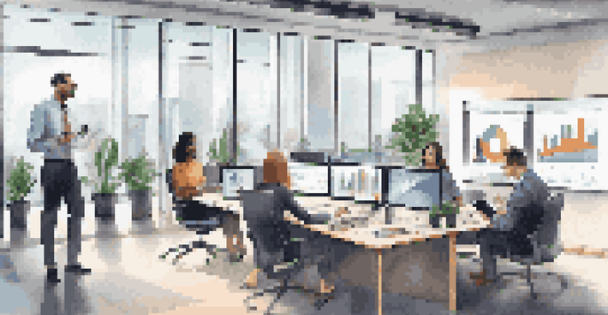 A diverse group of professionals in a modern office having a video conference about digital wealth management, with financial data displayed on screens.