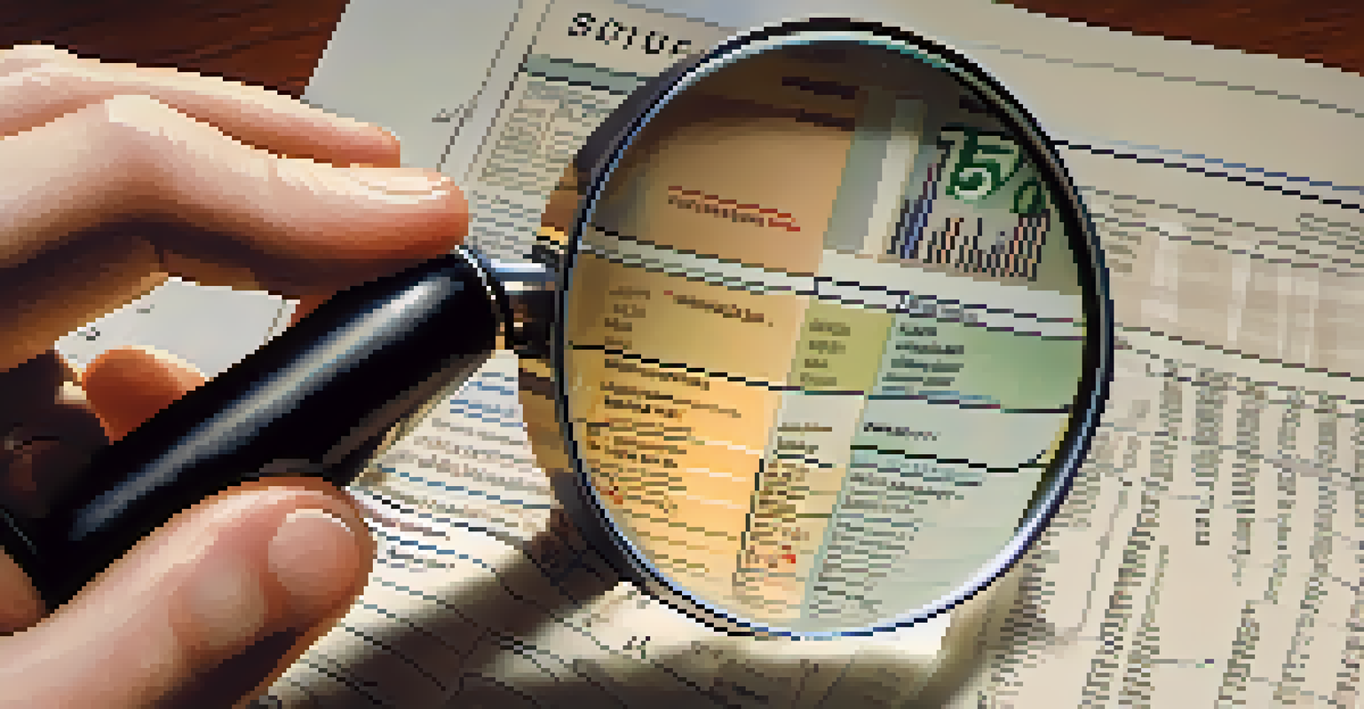 A close-up image of a hand using a magnifying glass on a financial report, emphasizing interest rates and inflation sections.