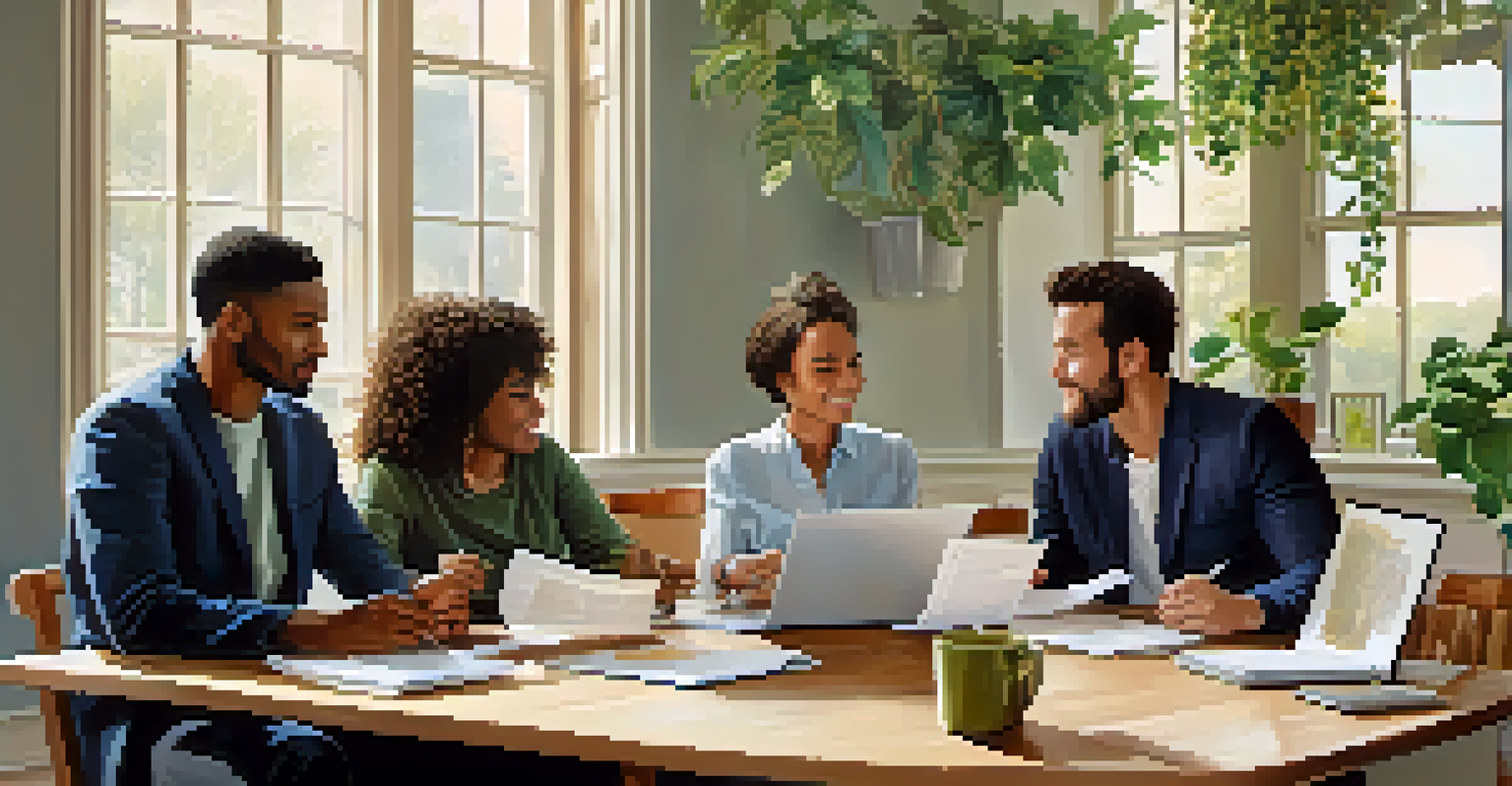 A diverse group of people discussing finance around a table filled with documents and laptops in a bright room.
