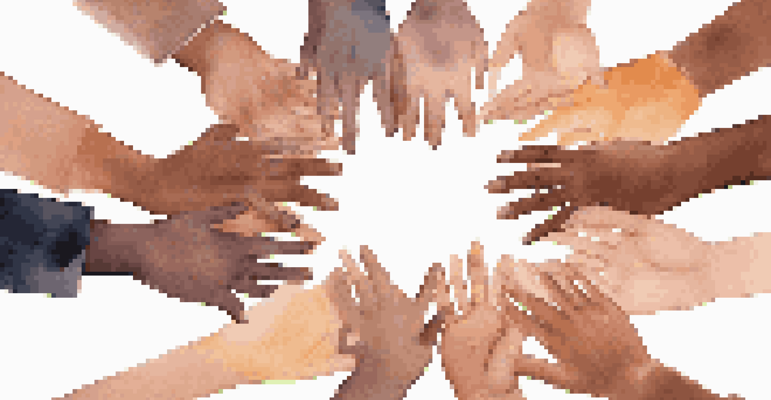 Close-up of diverse hands forming a circle over a digital screen with cryptocurrency charts, symbolizing unity and support.
