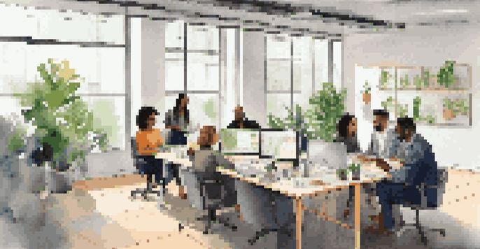 A diverse group of professionals discussing startup investment strategies in a bright modern office with large windows and plants.