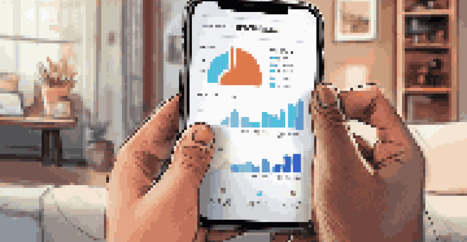 A close-up of a hand holding a smartphone with a financial app in a cozy living room.