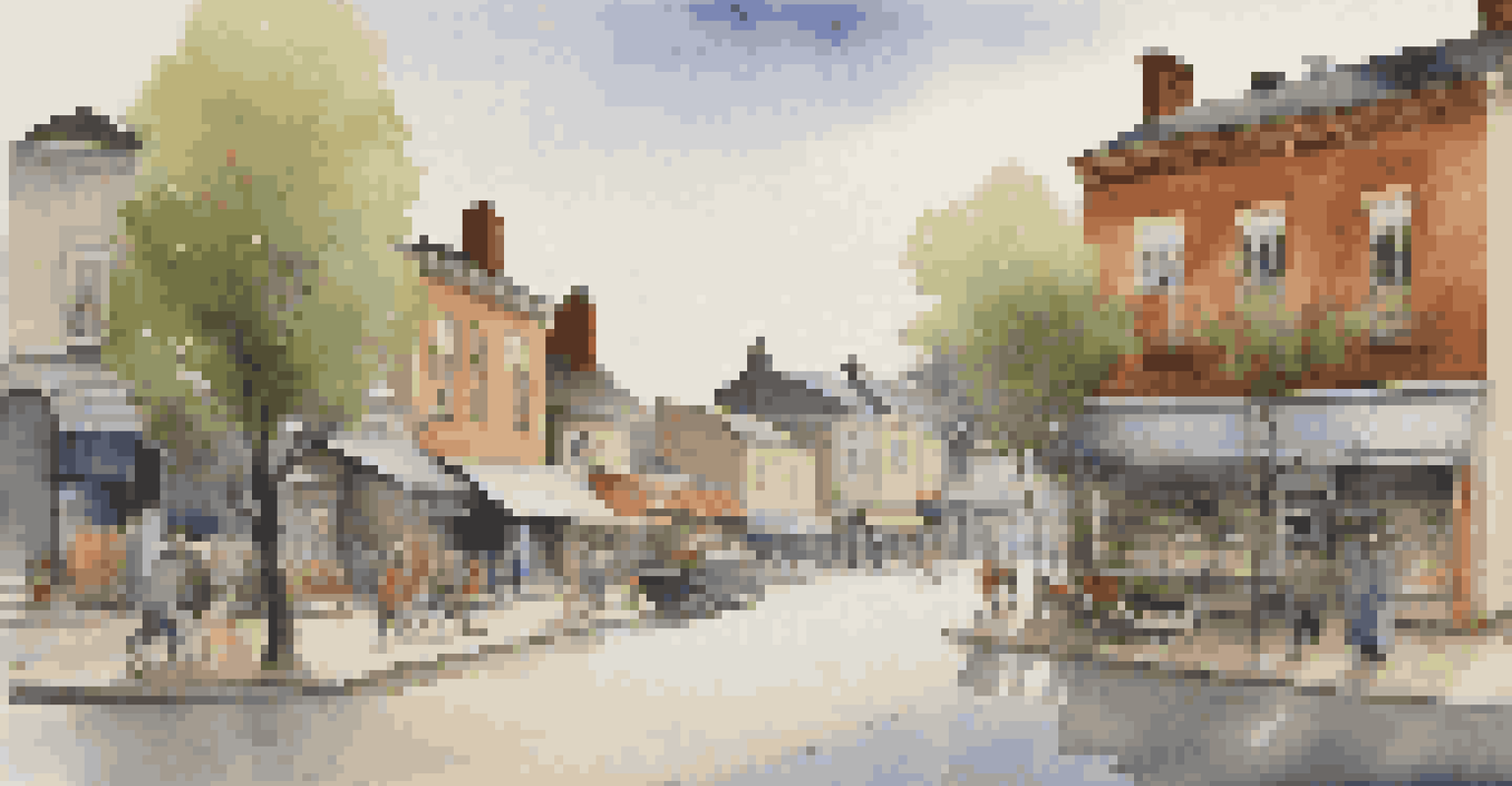 A small town scene showing houses and shops, with visual cues of inflation like price tags and concerned residents.