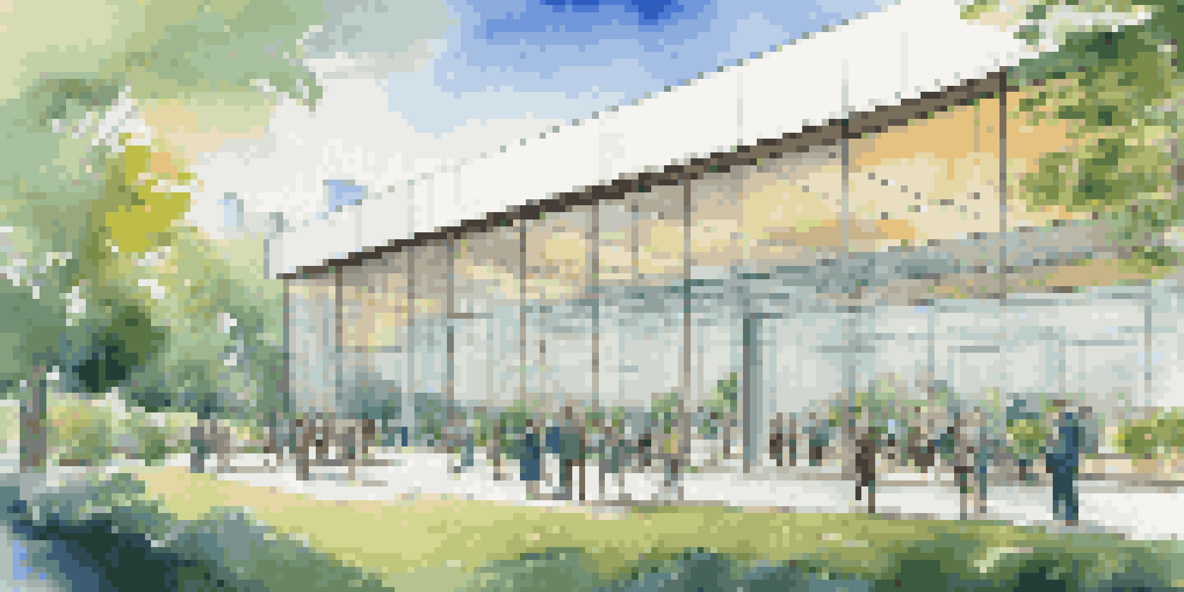 A modern office building with glass windows, surrounded by greenery and a diverse group of people discussing with a digital tablet.