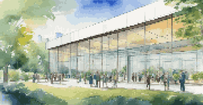 A modern office building with glass windows, surrounded by greenery and a diverse group of people discussing with a digital tablet.