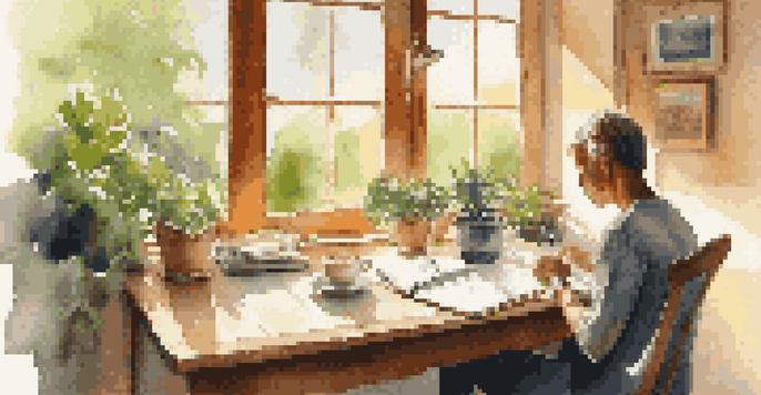 A person writing in a notebook at a wooden table with a cup of coffee, surrounded by a sunny garden.