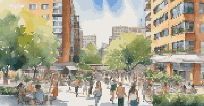 A lively urban area with a modern apartment building, green parks, and millennials engaging in various activities under clear blue skies.