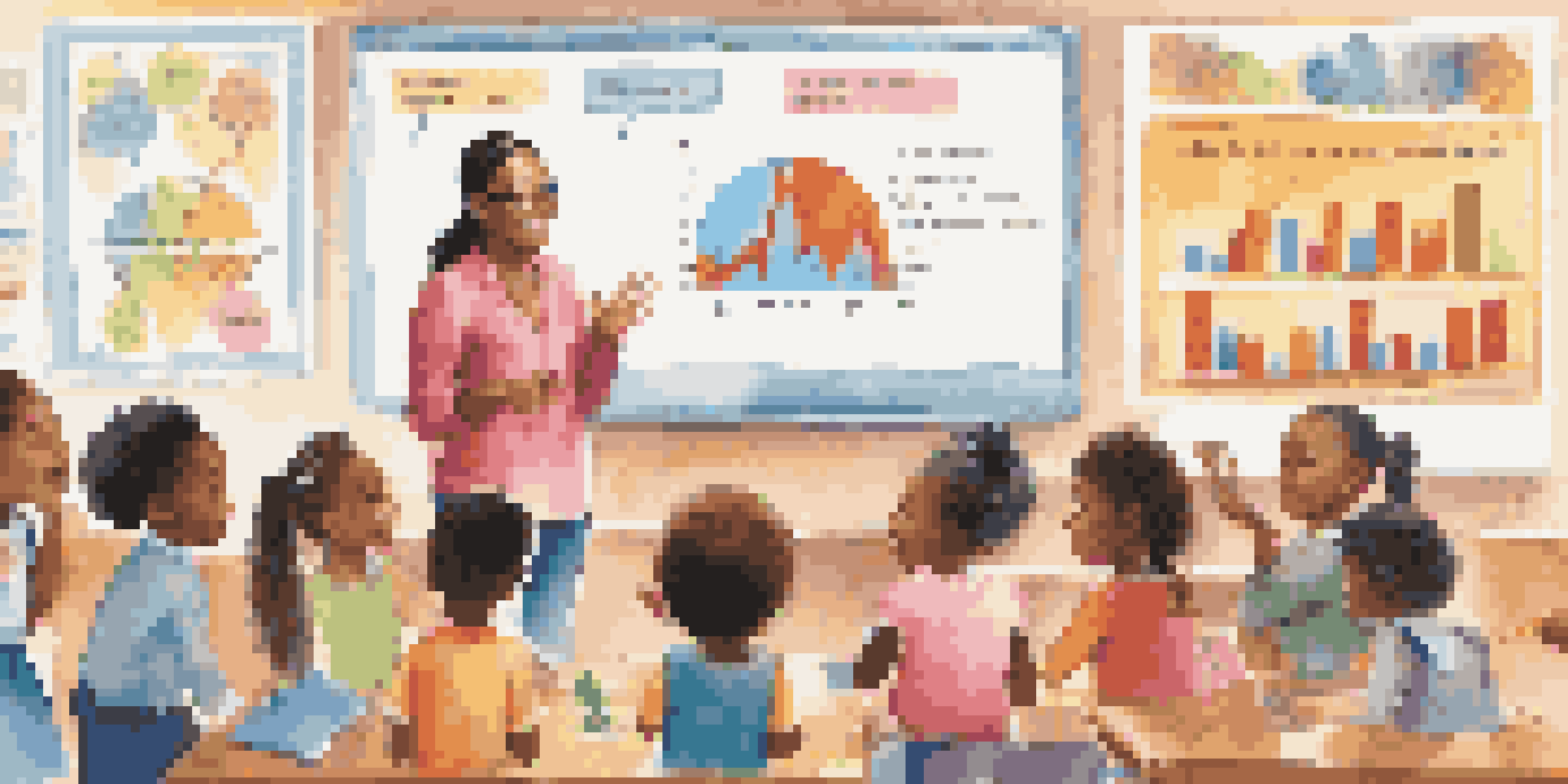 A classroom filled with children learning about investing, with a teacher explaining savings using a colorful piggy bank poster.
