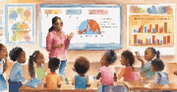 A classroom filled with children learning about investing, with a teacher explaining savings using a colorful piggy bank poster.