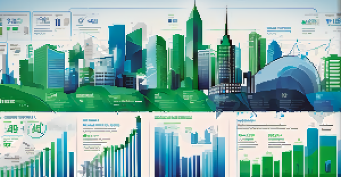 An infographic illustrating economic indicators with a city skyline in the background and various graphs and charts.