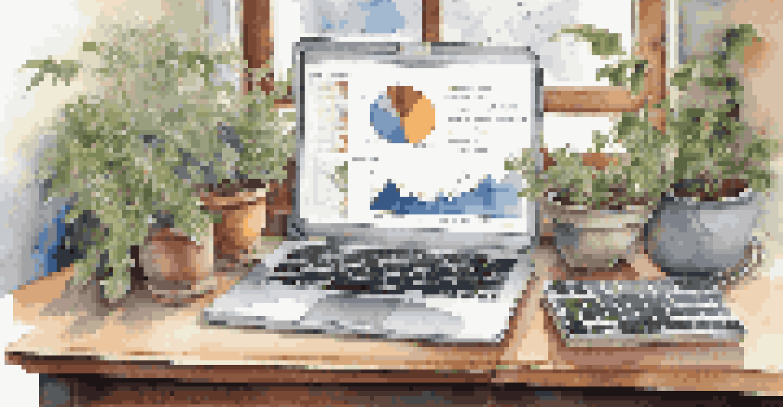 A trader's desk featuring a laptop with charts and graphs of a diversified portfolio, surrounded by plants, with natural light streaming in.