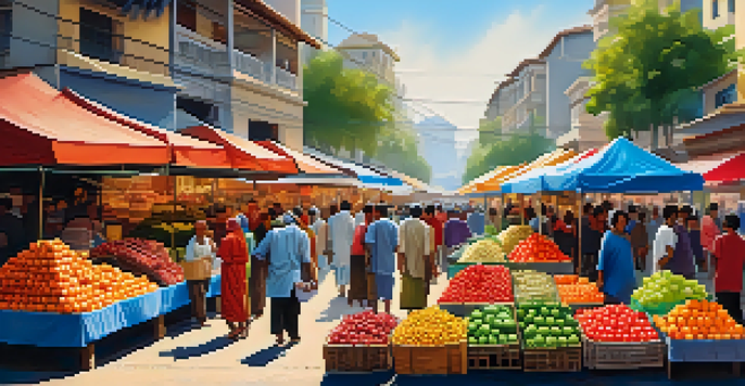 A busy street market with diverse people shopping for colorful fruits and vegetables under a bright blue sky.