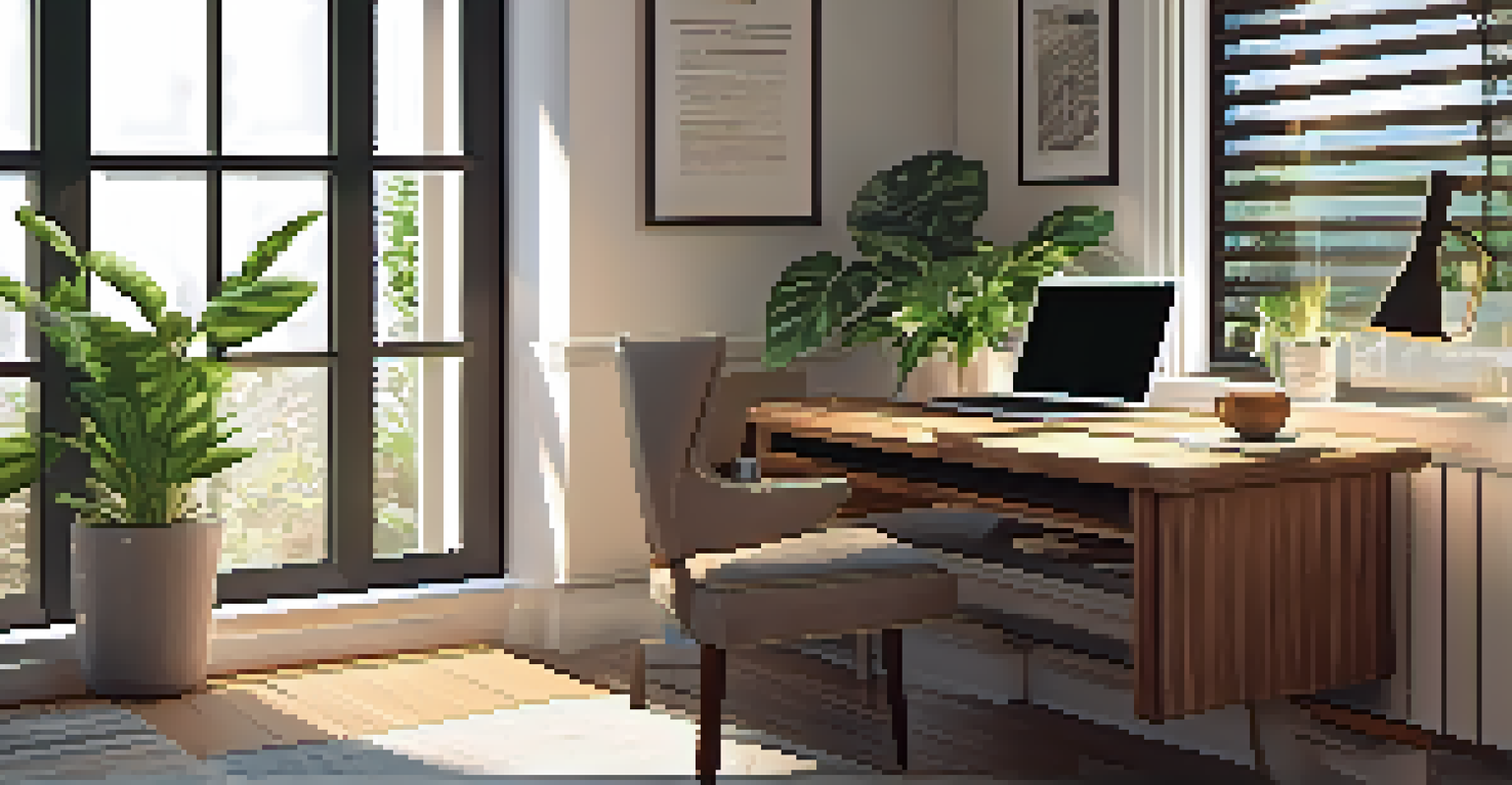 A well-lit home office with a wooden desk, laptop, notebooks, coffee cup, and a potted plant, creating a warm and inviting atmosphere.