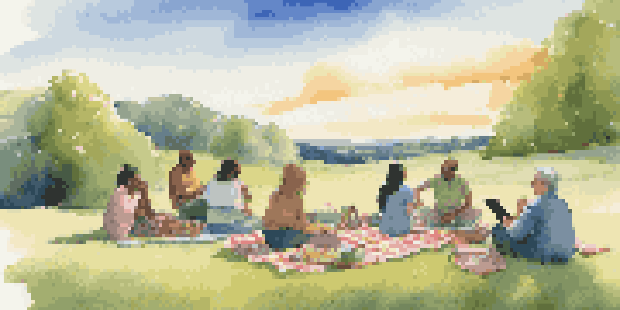 A group of diverse people discussing investment strategies around a picnic blanket on a sunny day, with rolling hills in the background.