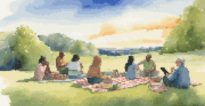A group of diverse people discussing investment strategies around a picnic blanket on a sunny day, with rolling hills in the background.