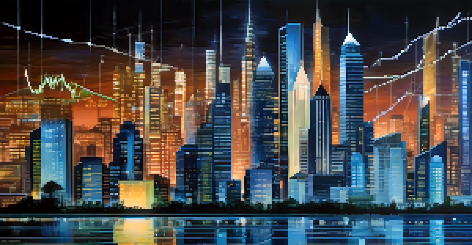 An abstract image of financial growth with upward trending graphs and a futuristic city skyline at night.