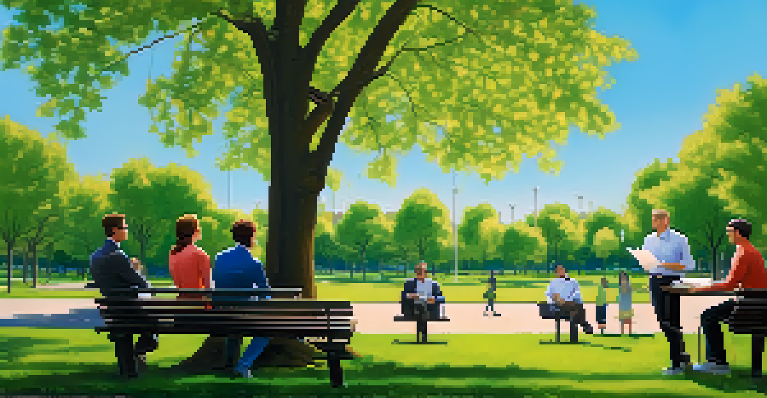 A startup founder giving a pitch to investors in a park, surrounded by trees and a blue sky.