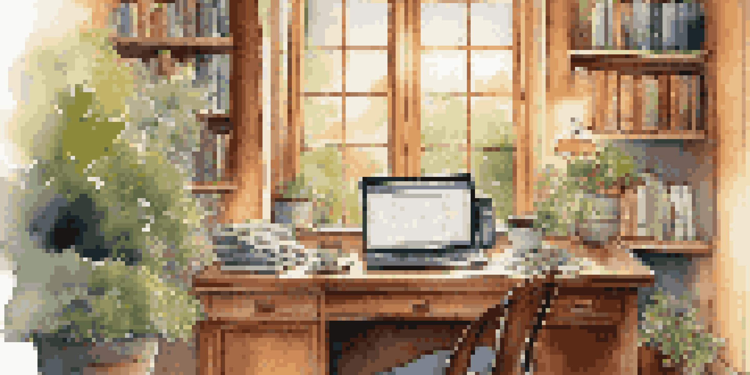 A cozy home office with a garden view, featuring a desk with financial books, a laptop, and a cup of coffee in warm lighting.