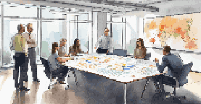 A diverse team of professionals discussing a SWOT analysis around a conference table, with a whiteboard filled with diagrams and notes.