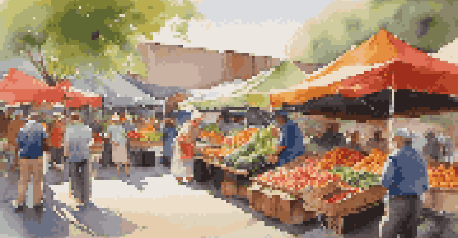 A lively farmer's market with colorful fruits and vegetables, bustling with shoppers and vendors under sunny canopies.