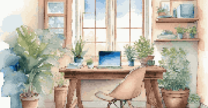 A bright and inviting home office with a desk, laptop, and plants, showcasing a peaceful workspace.