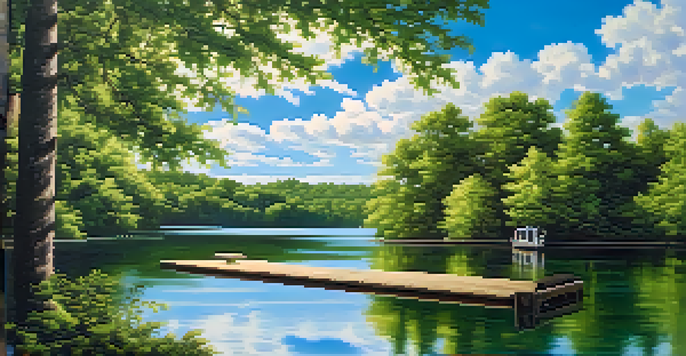 A peaceful lake scene with green trees and a wooden dock under a blue sky with clouds.