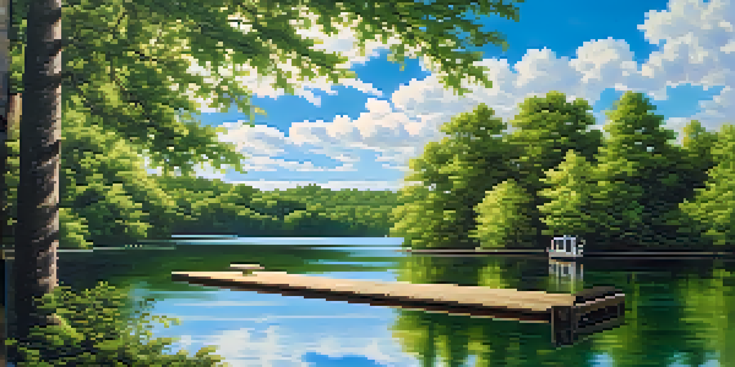 A peaceful lake scene with green trees and a wooden dock under a blue sky with clouds.
