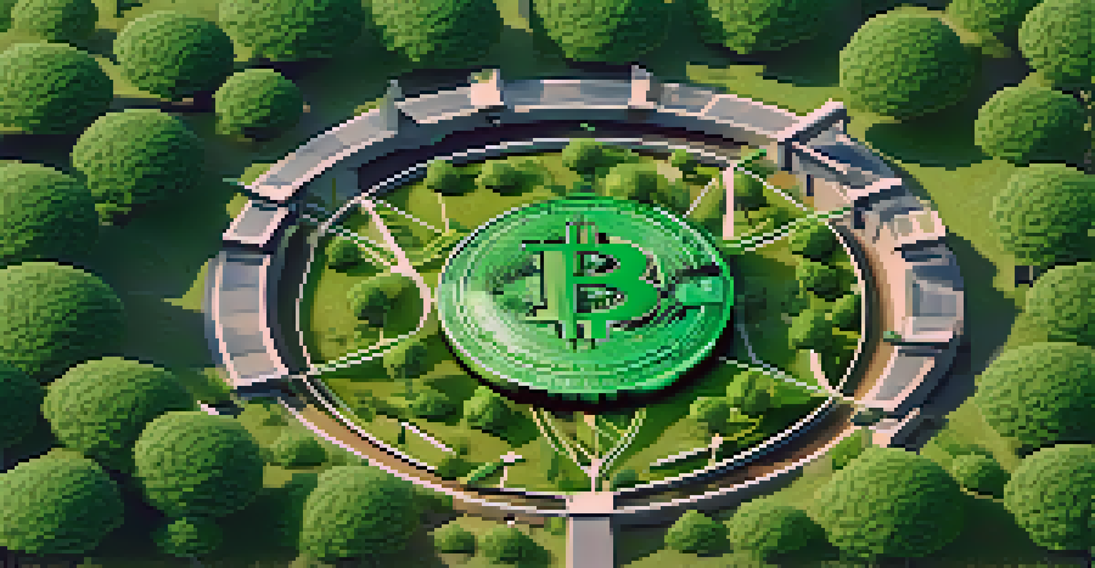 An abstract image showing a Bitcoin symbol surrounded by green leaves and renewable energy elements, highlighting environmental sustainability.